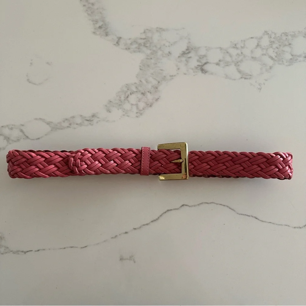 Vintage Talbots Braided Leather Belt Solid Brass Square Buckle Gloss Pink M